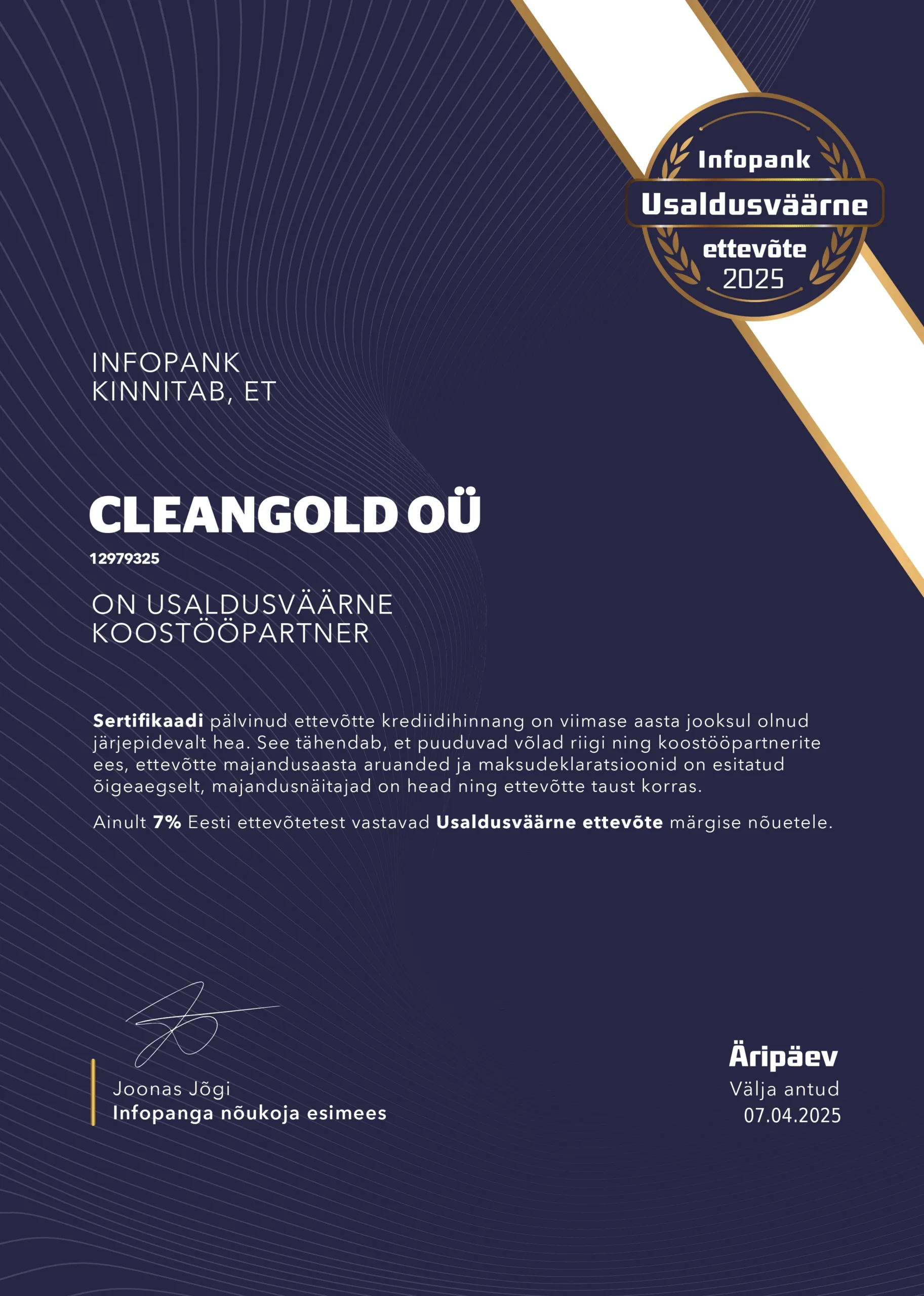 <a href="https://cleangold.ee/usaldusvaarne-ettevote/">Usaldusväärne ettevõte 2025 - CleanGold OÜ</a>